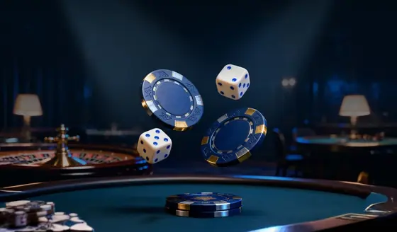 Dice and blue chips on an Elitespin casino table
